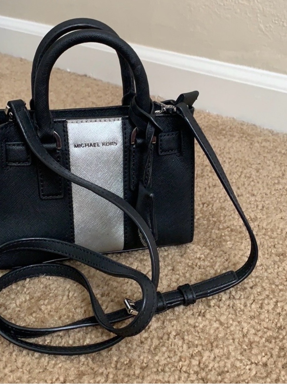 Michael Kors Black with Silver Stripe Mini Satchel Crossbody